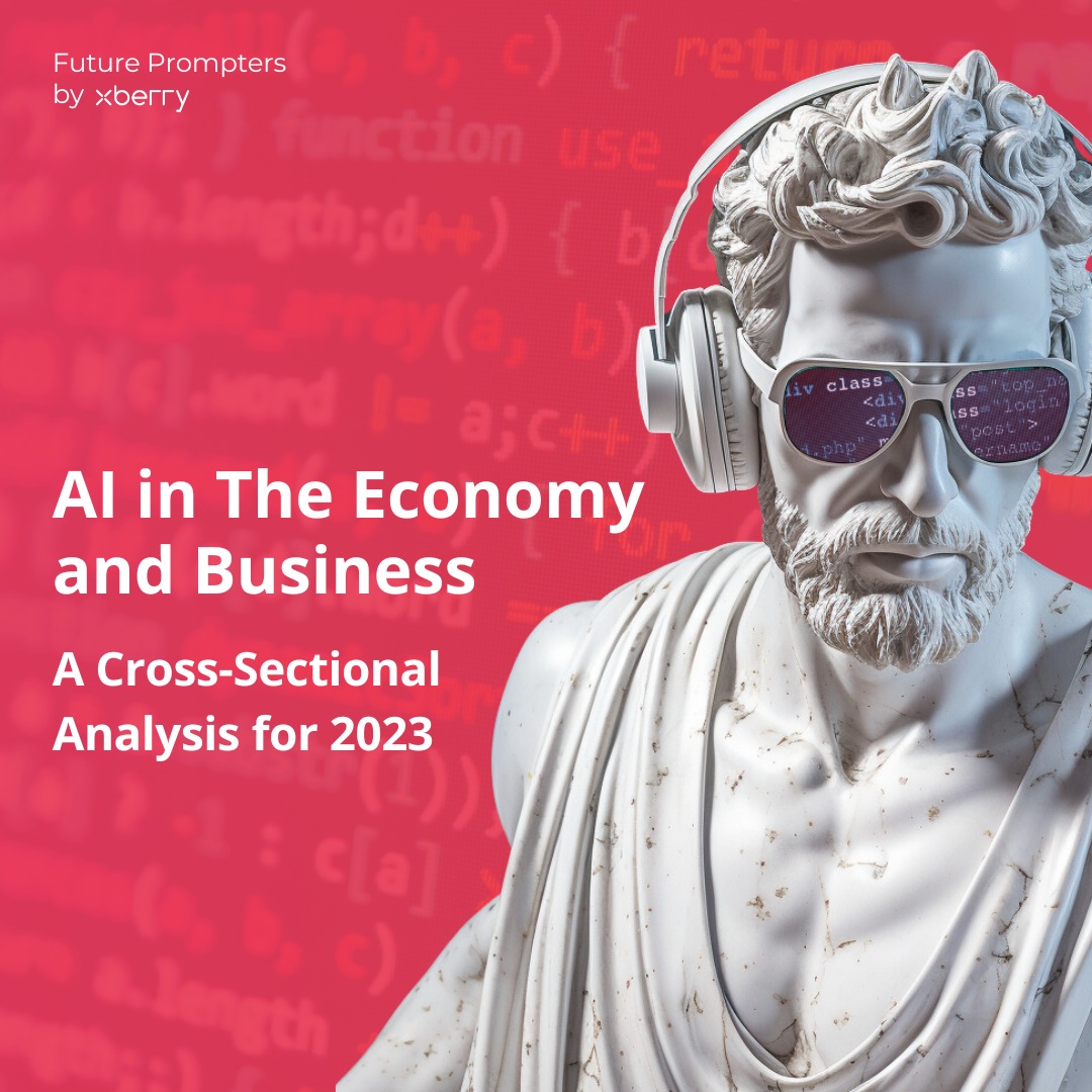 AI generated ancient sculpture wearing sunglasses and headphones - the cover of the AI in The Economy and Business cross-sectional analysis 